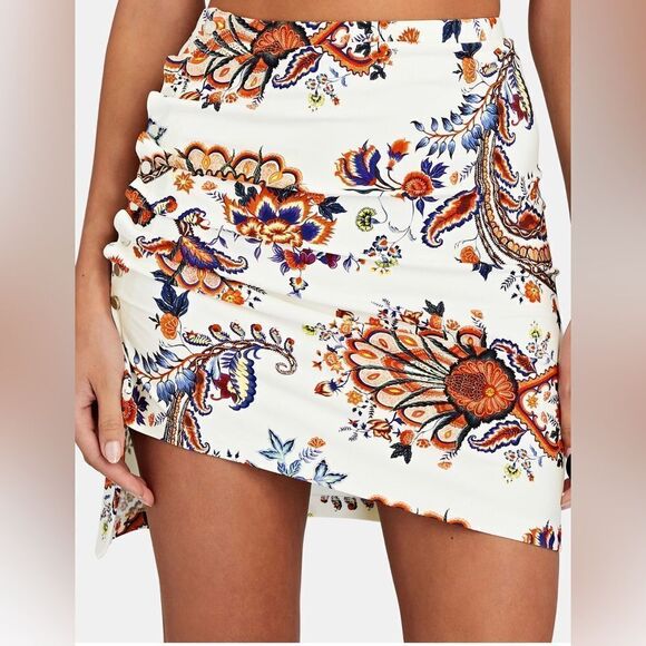 PACO RABANNE Asymmetric Ruched Printed Mini Skirt. White + Multicolor Pattern 00 - Picture 2 of 12